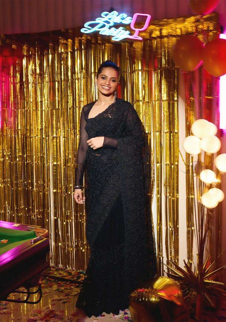 Black Woven Net Saree With Embroidered Floral Motifs Sequin Work For Women - Indya