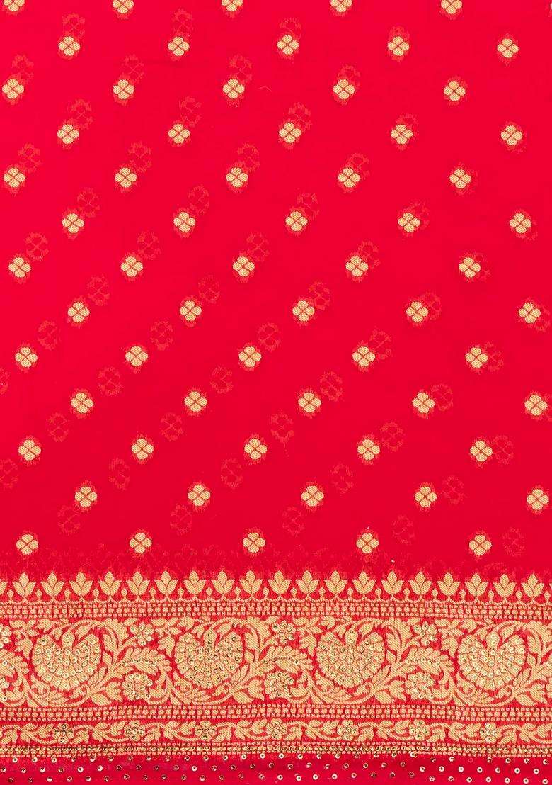 Red Woven Blended Crepe Saree With Floral Motifs Sequin Work With Embroidered Design For Women - Indya