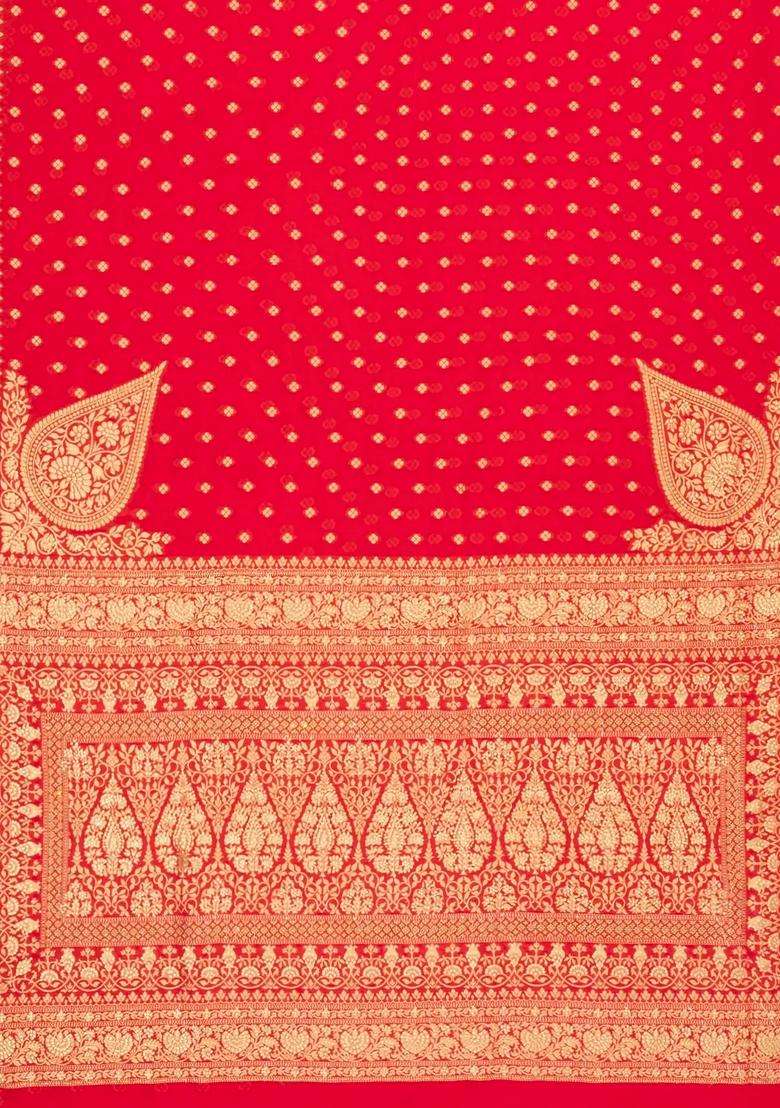 Red Woven Blended Crepe Saree With Floral Motifs Sequin Work With Embroidered Design For Women - Indya