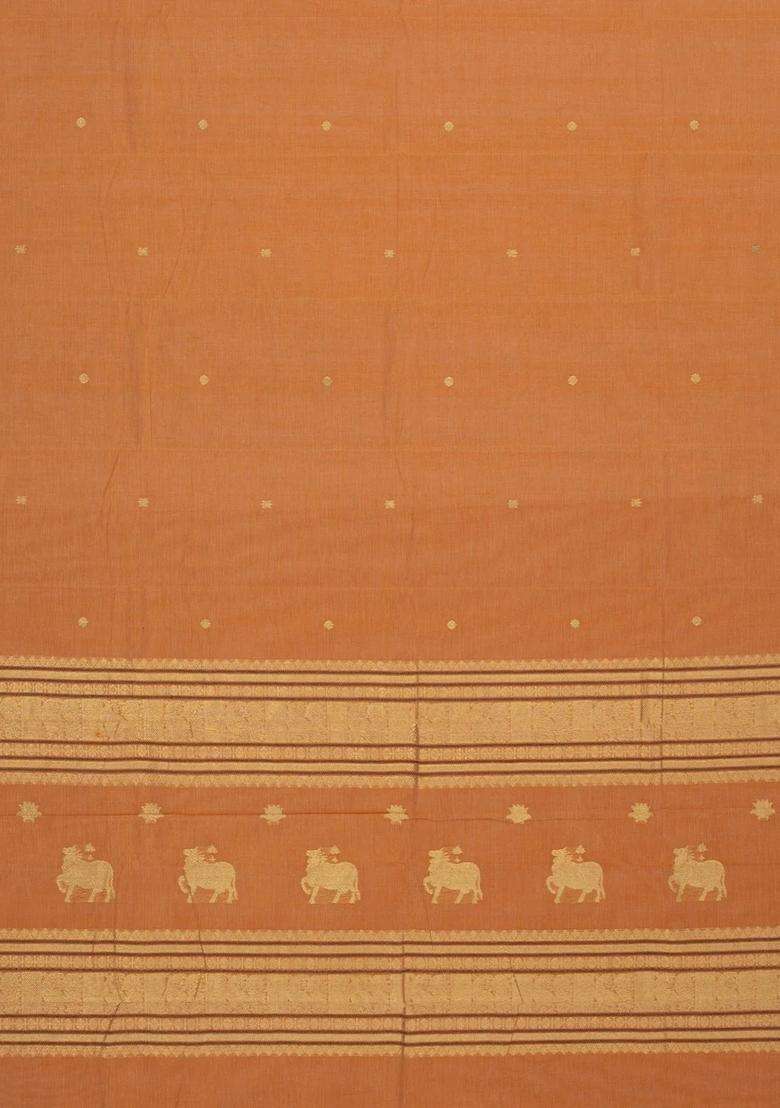 Sandal Handloom Kanchi Cotton Saree With Floral Buttas With Buttas And Brocade Design For Women - Indya