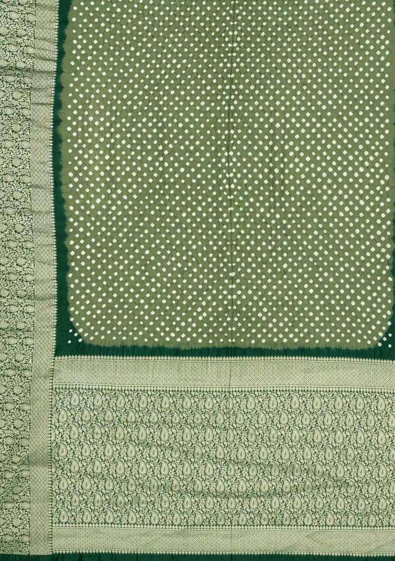 Light Green Woven Bandhej Crepe Georgette Saree With Zari Border With Printed Design For Women - Indya
