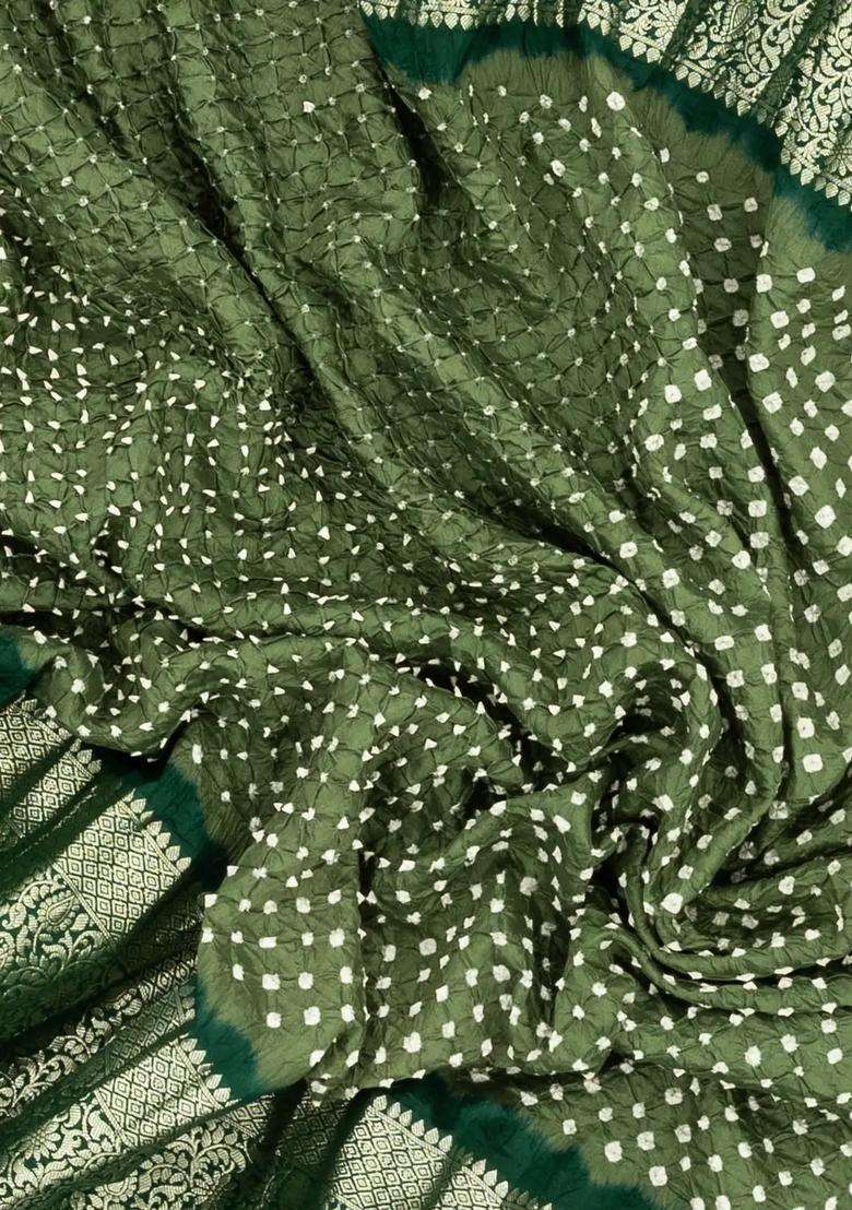 Light Green Woven Bandhej Crepe Georgette Saree With Zari Border With Printed Design For Women - Indya