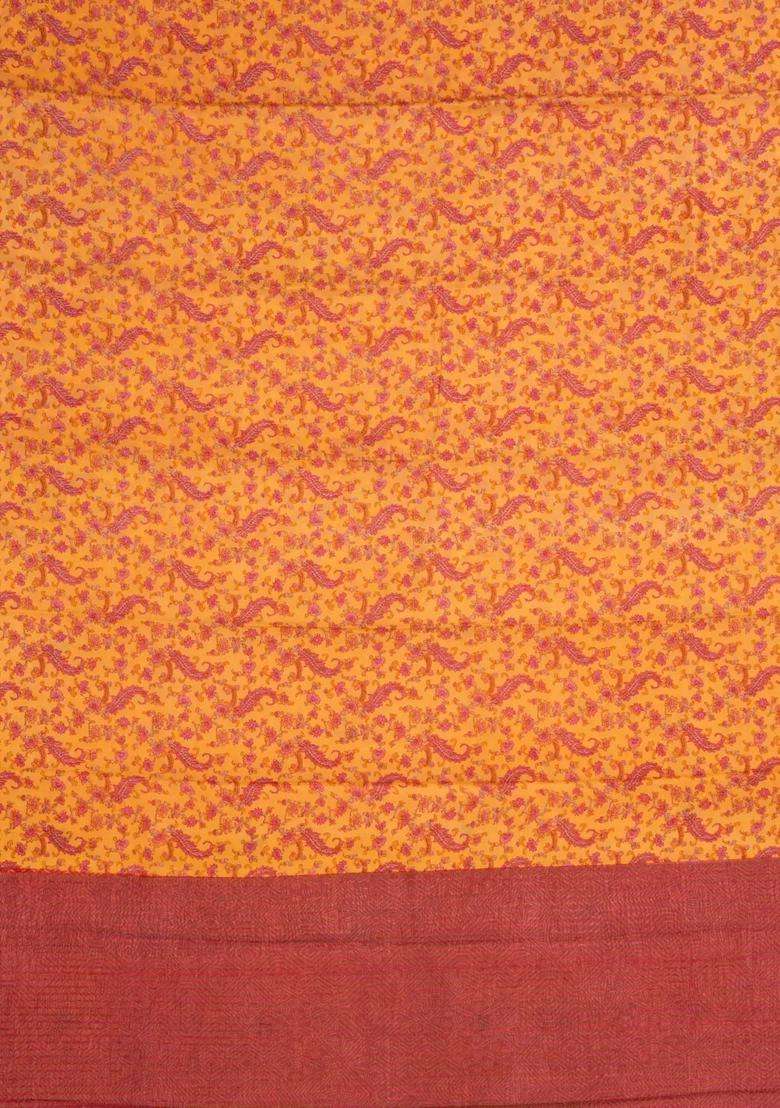 Yellow Woven Pure Silk Saree With Printed Floral Motifs For Women - Indya