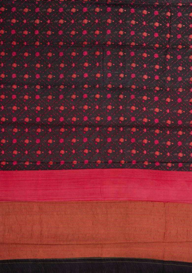 Black Woven Pure Silk Saree With Printed Floral Motifs For Women - Indya