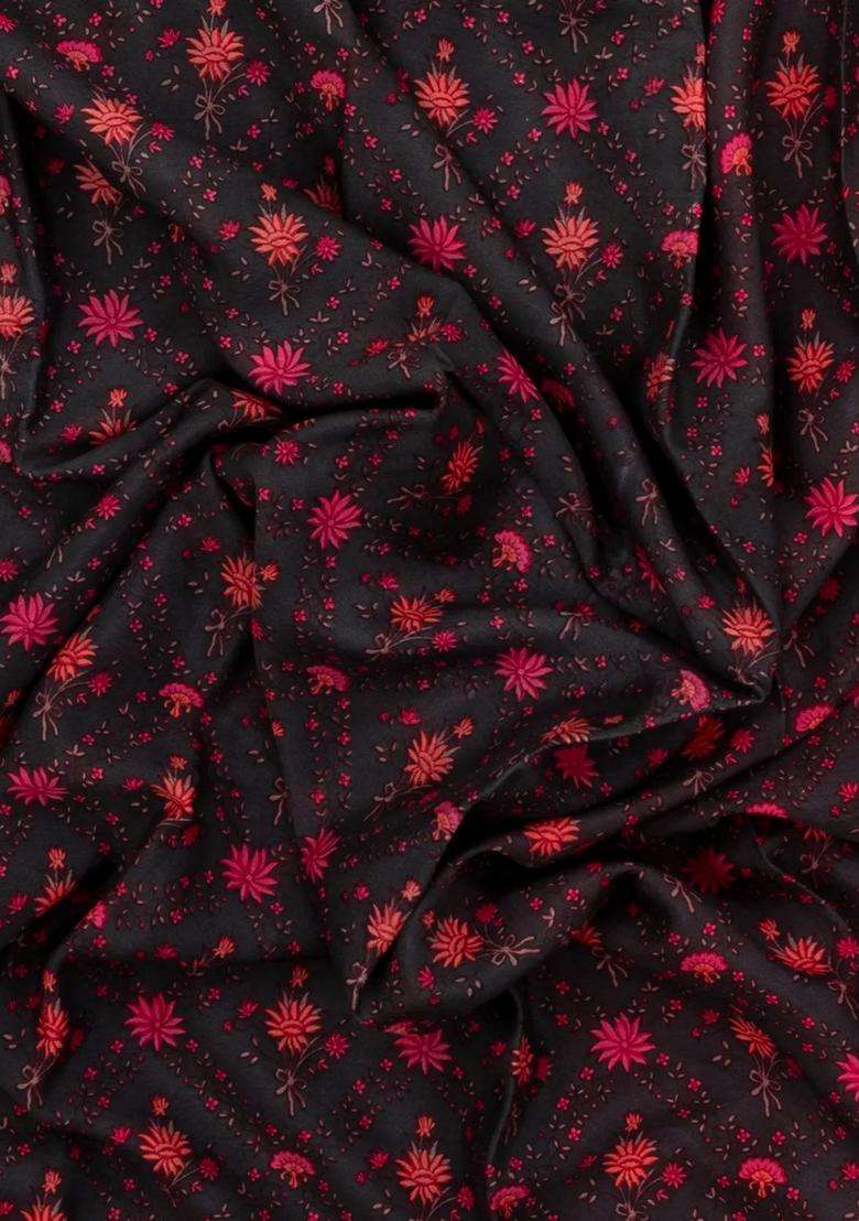 Black Woven Pure Silk Saree With Printed Floral Motifs For Women - Indya