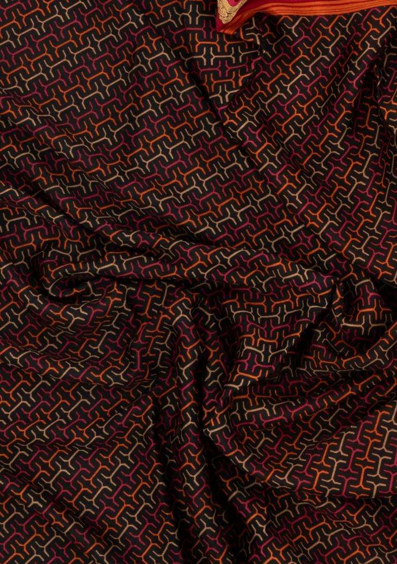 Black Woven Pure Silk Saree With Printed Geometric Motifs For Women - Indya