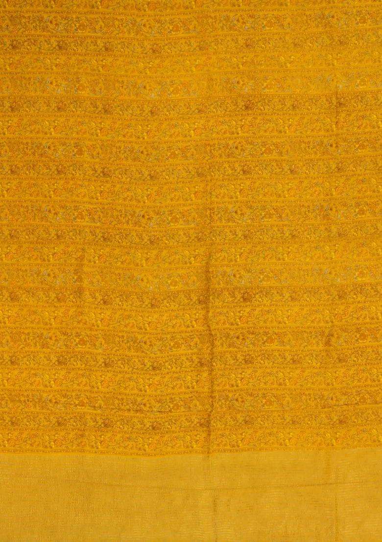 Yellow Woven Pure Silk Saree With Printed Floral Motifs For Women - Indya