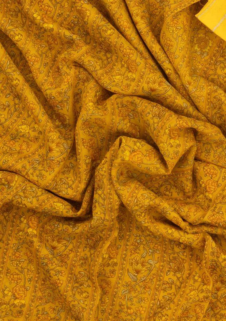 Yellow Woven Pure Silk Saree With Printed Floral Motifs For Women - Indya
