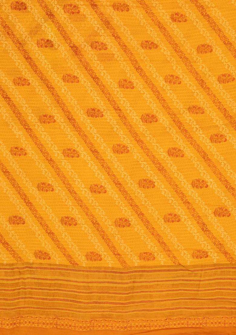 Turmeric Yellow Woven Pure Silk Saree With Printed Floral Motifs For Women - Indya