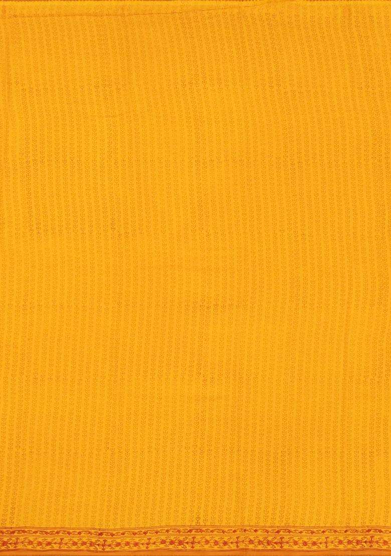 Turmeric Yellow Woven Pure Silk Saree With Printed Floral Motifs For Women - Indya