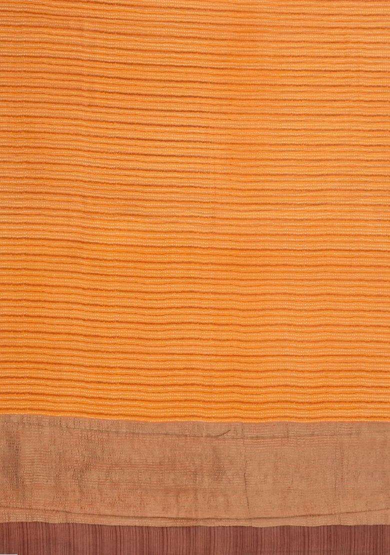Orange Woven Pure Silk Saree With Printed Stripes For Women - Indya