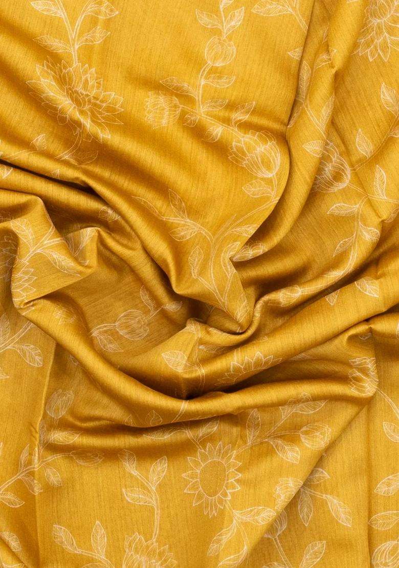 Mustard Woven Tussar Silk Saree With Printed Floral Motifs For Women - Indya