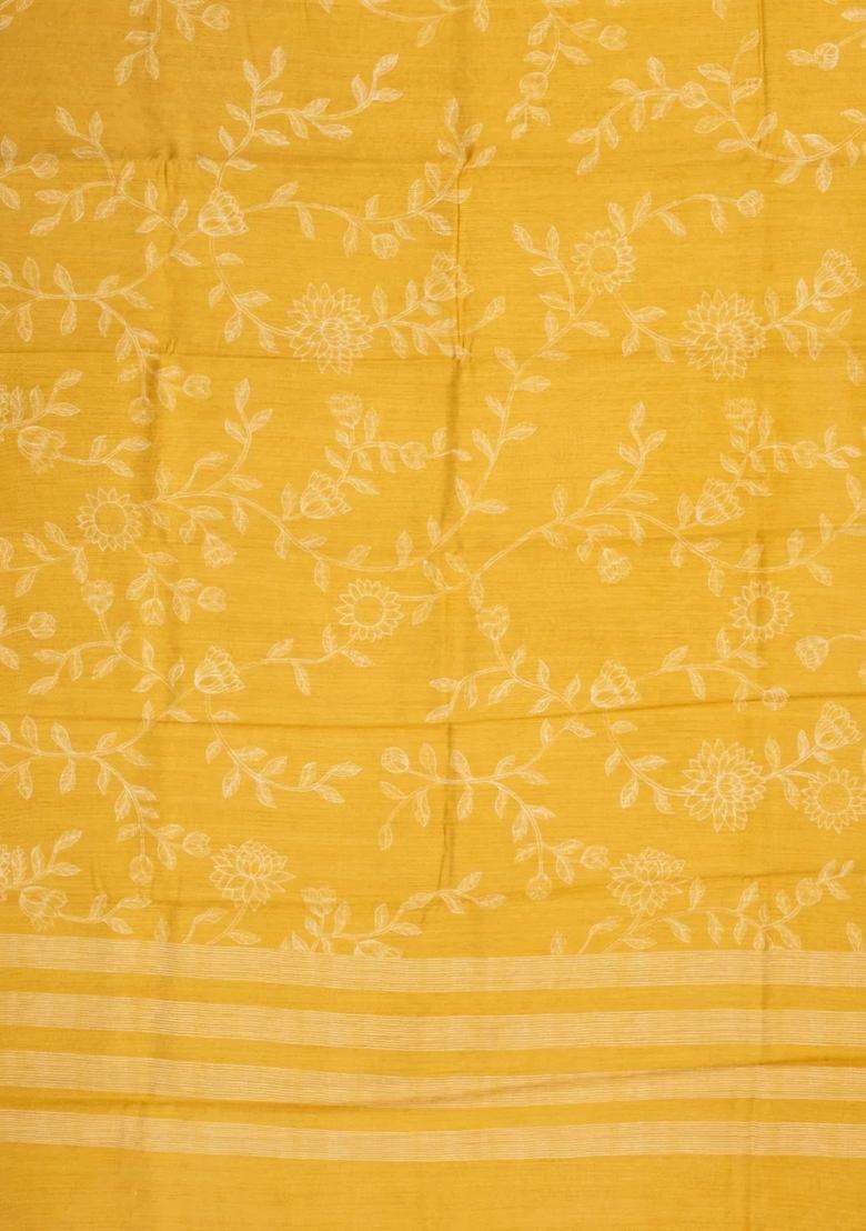 Mustard Woven Tussar Silk Saree With Printed Floral Motifs For Women - Indya