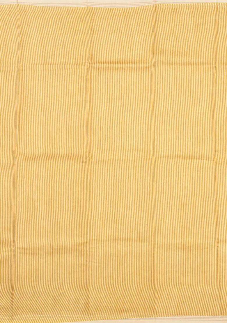 Mustard Woven Tussar Silk Saree With Printed Floral Motifs For Women - Indya