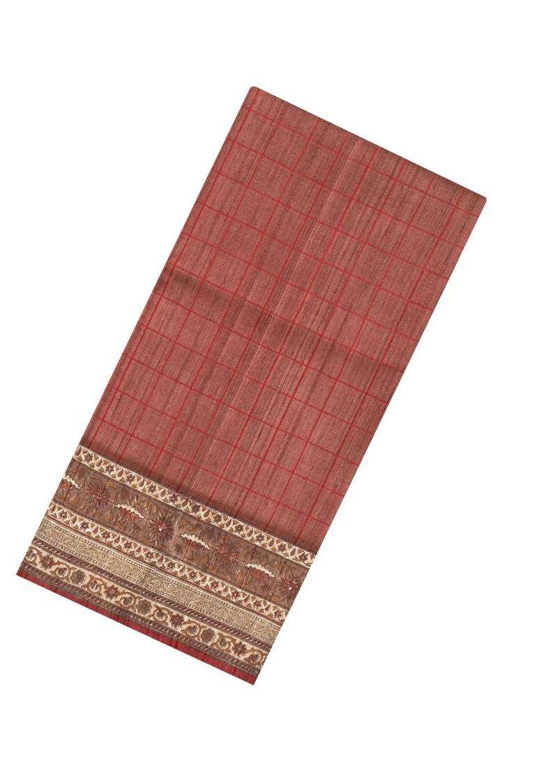 Brown Woven Tussar Silk Saree With Checks Printed Floral Motifs For Women - Indya