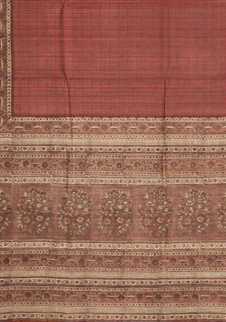 Brown Woven Tussar Silk Saree With Checks Printed Floral Motifs For Women - Indya