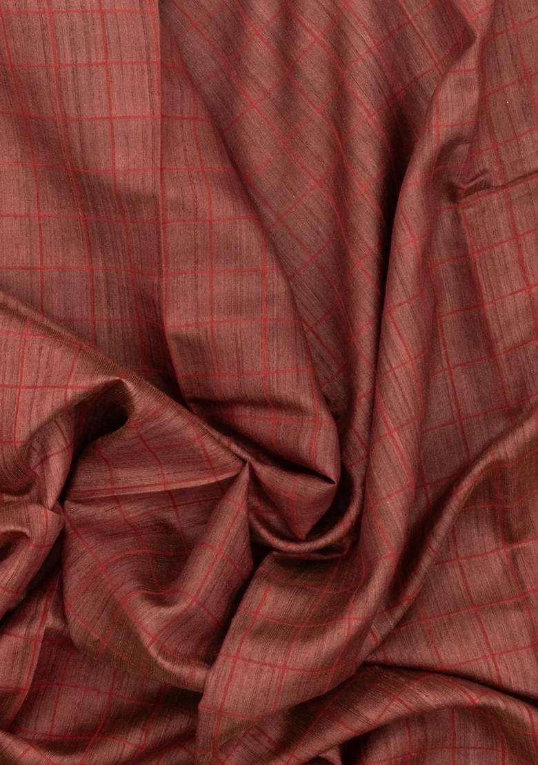 Brown Woven Tussar Silk Saree With Checks Printed Floral Motifs For Women - Indya