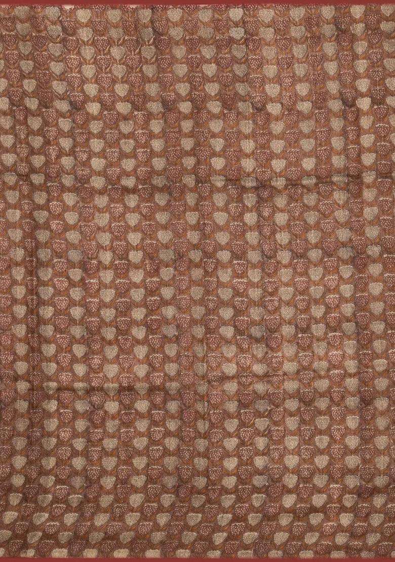 Brown Woven Tussar Silk Saree With Checks Printed Floral Motifs For Women - Indya