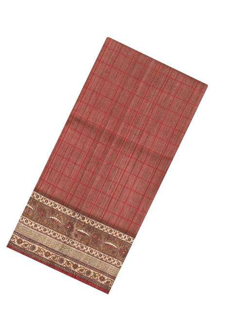 Brown Woven Tussar Silk Saree With Checks Printed Floral Motifs For Women