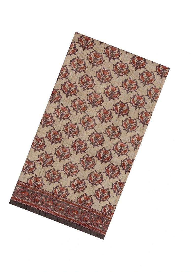 Taupe Woven Tussar Silk Saree With Printed Floral Motifs For Women - Indya