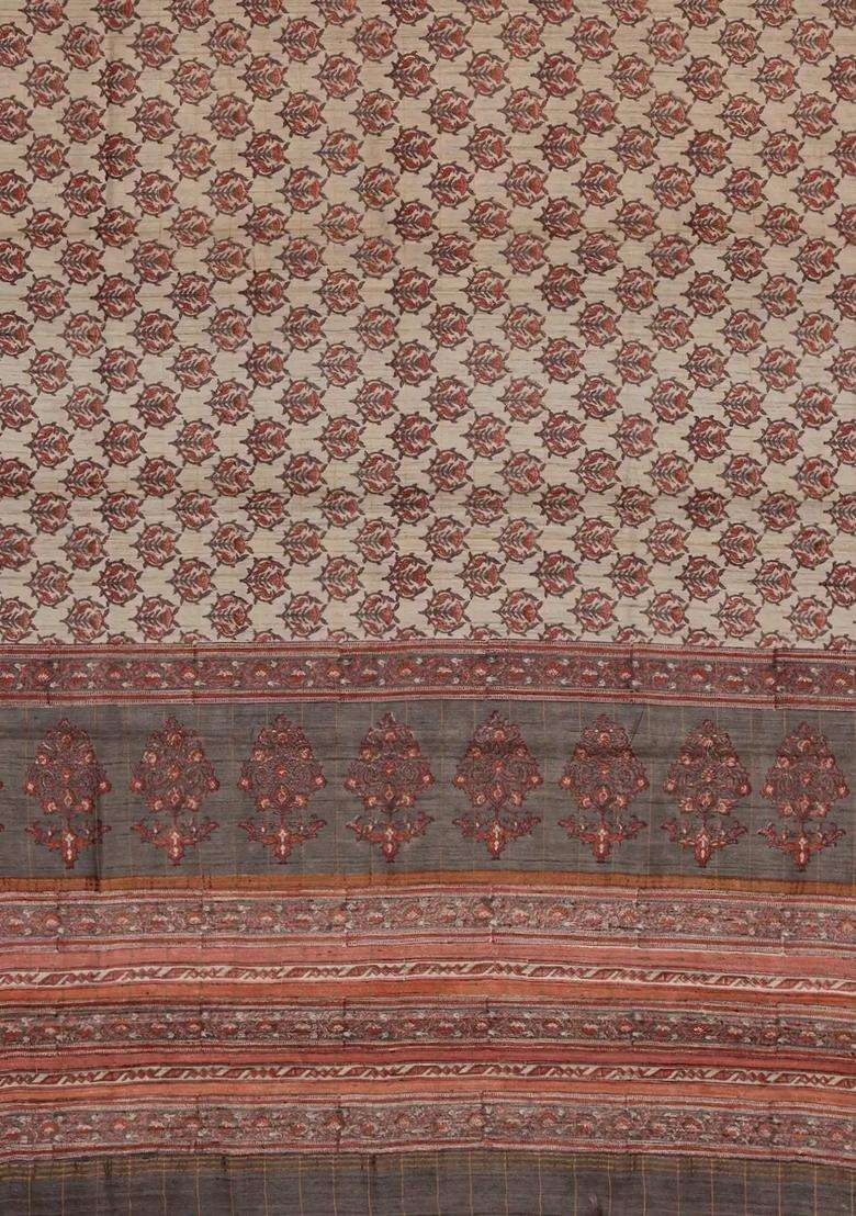 Taupe Woven Tussar Silk Saree With Printed Floral Motifs For Women - Indya