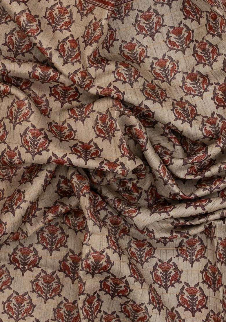 Taupe Woven Tussar Silk Saree With Printed Floral Motifs For Women - Indya