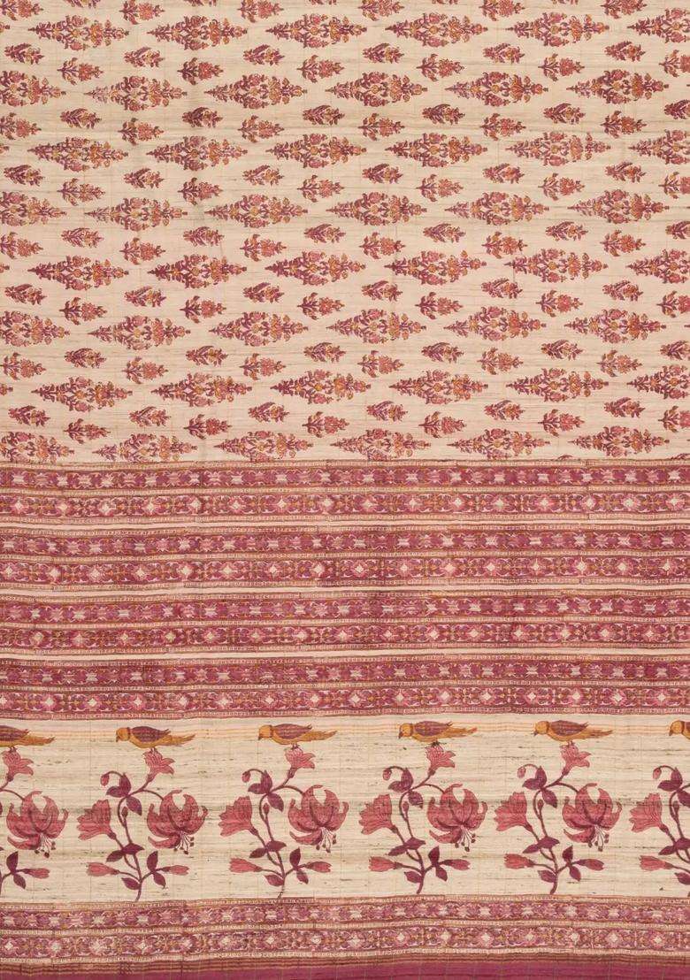 Taupe Woven Tussar Silk Saree With Printed Floral Motifs For Women - Indya