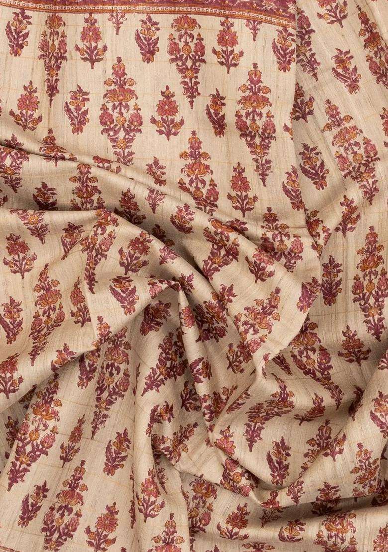 Taupe Woven Tussar Silk Saree With Printed Floral Motifs For Women - Indya