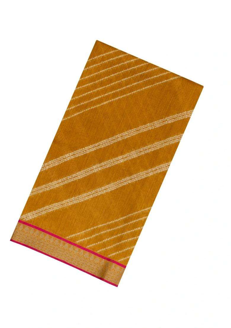 Mustard Woven Tussar Silk Saree With Printed Diagonal Stripes For Women - Indya