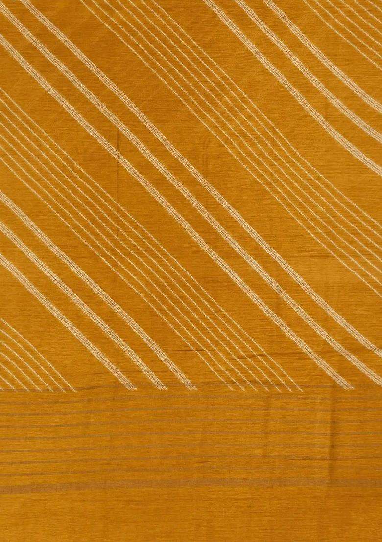 Mustard Woven Tussar Silk Saree With Printed Diagonal Stripes For Women - Indya