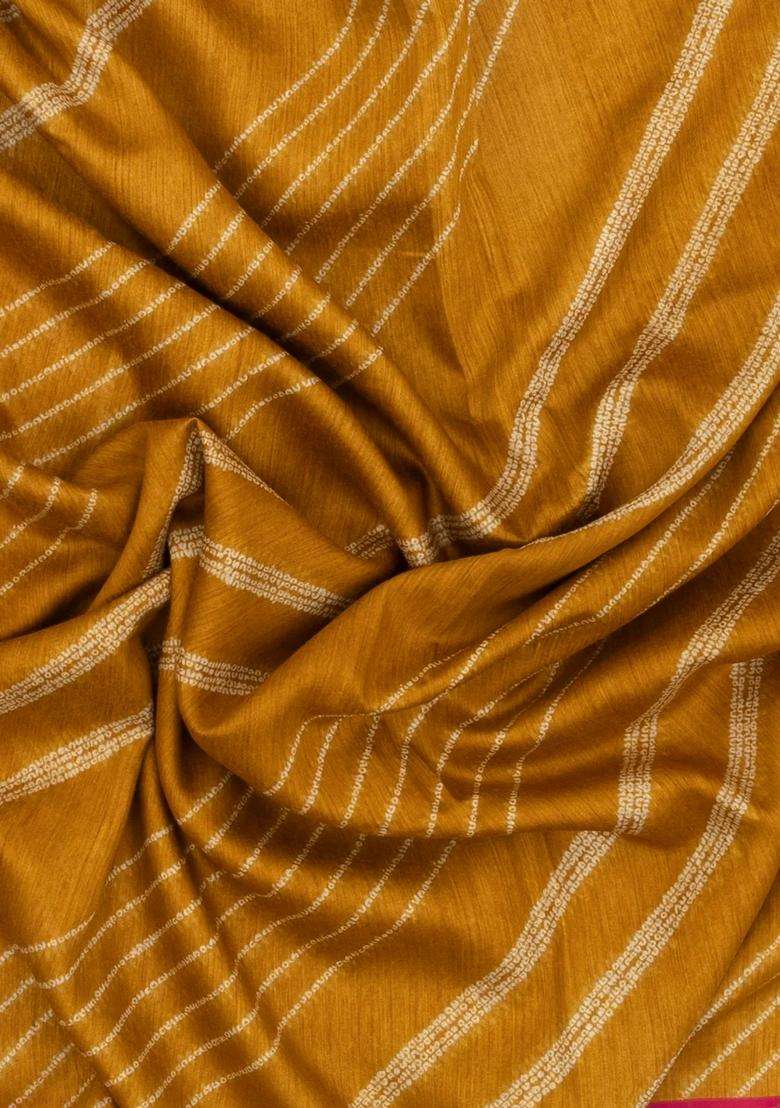 Mustard Woven Tussar Silk Saree With Printed Diagonal Stripes For Women - Indya