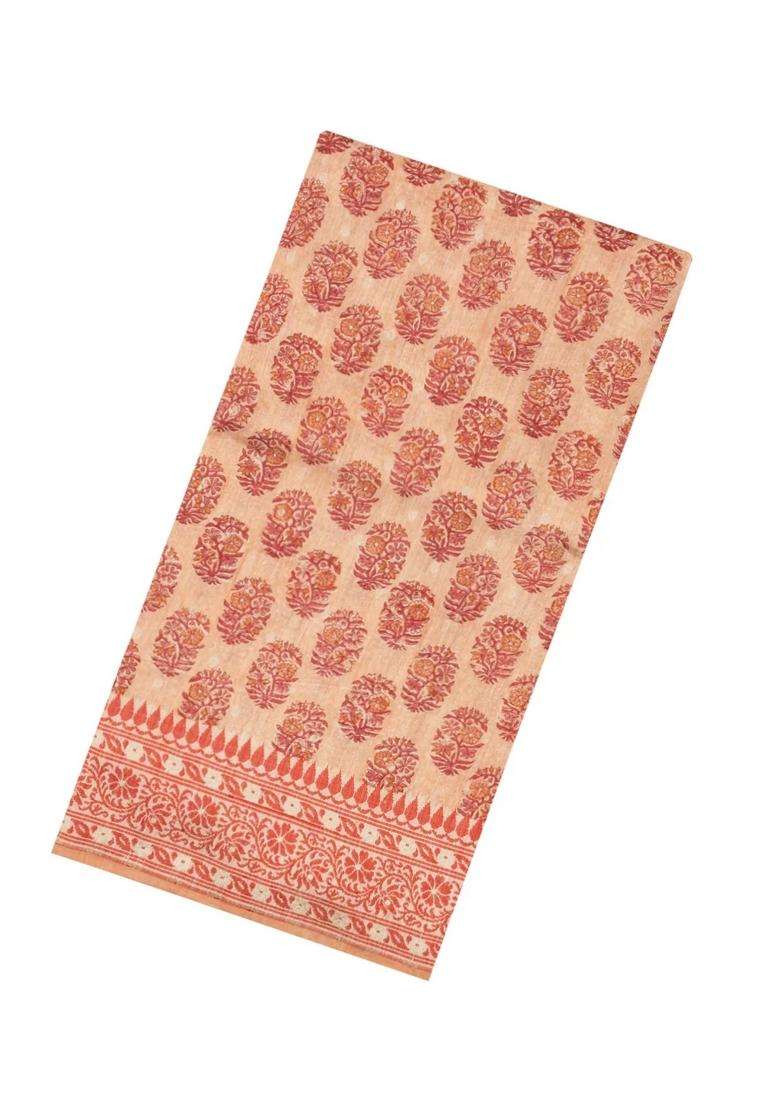 Light Peach Woven Tussar Silk Saree With Printed Floral Motifs For Women - Indya