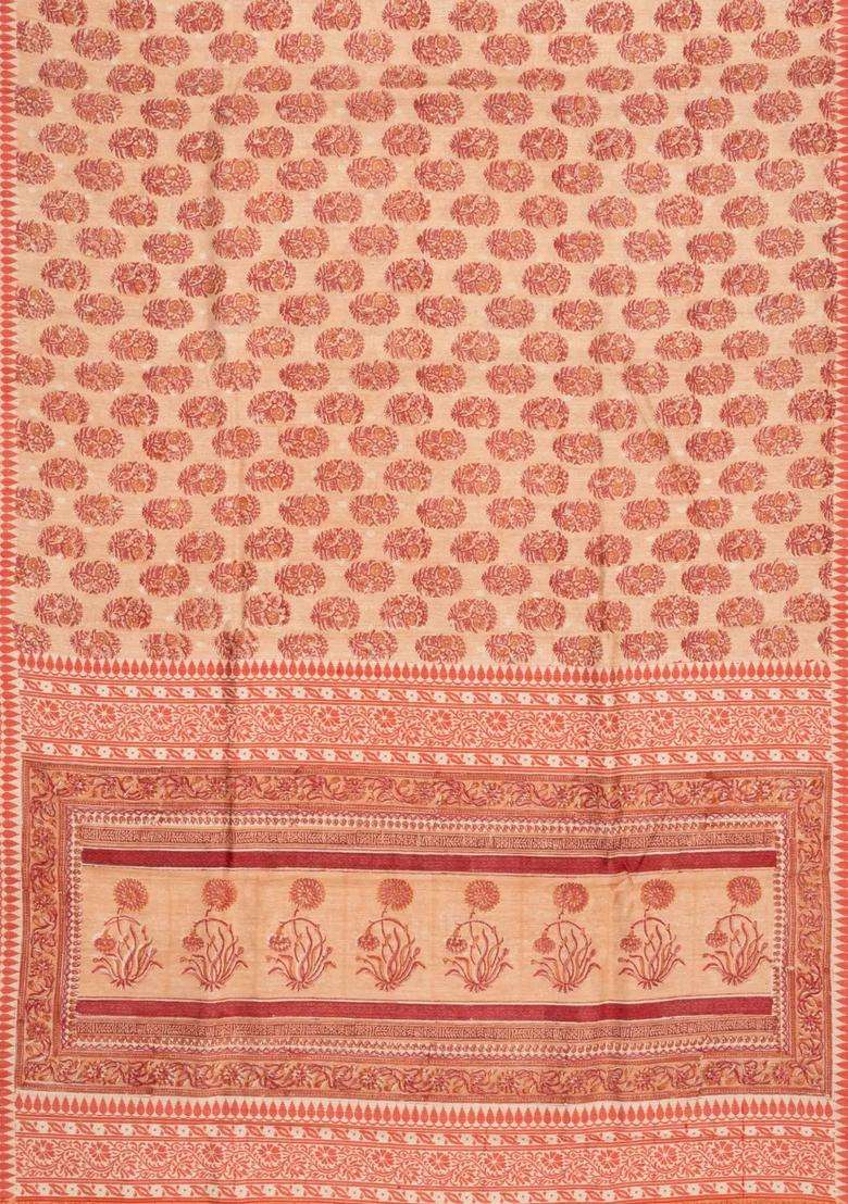 Light Peach Woven Tussar Silk Saree With Printed Floral Motifs For Women - Indya