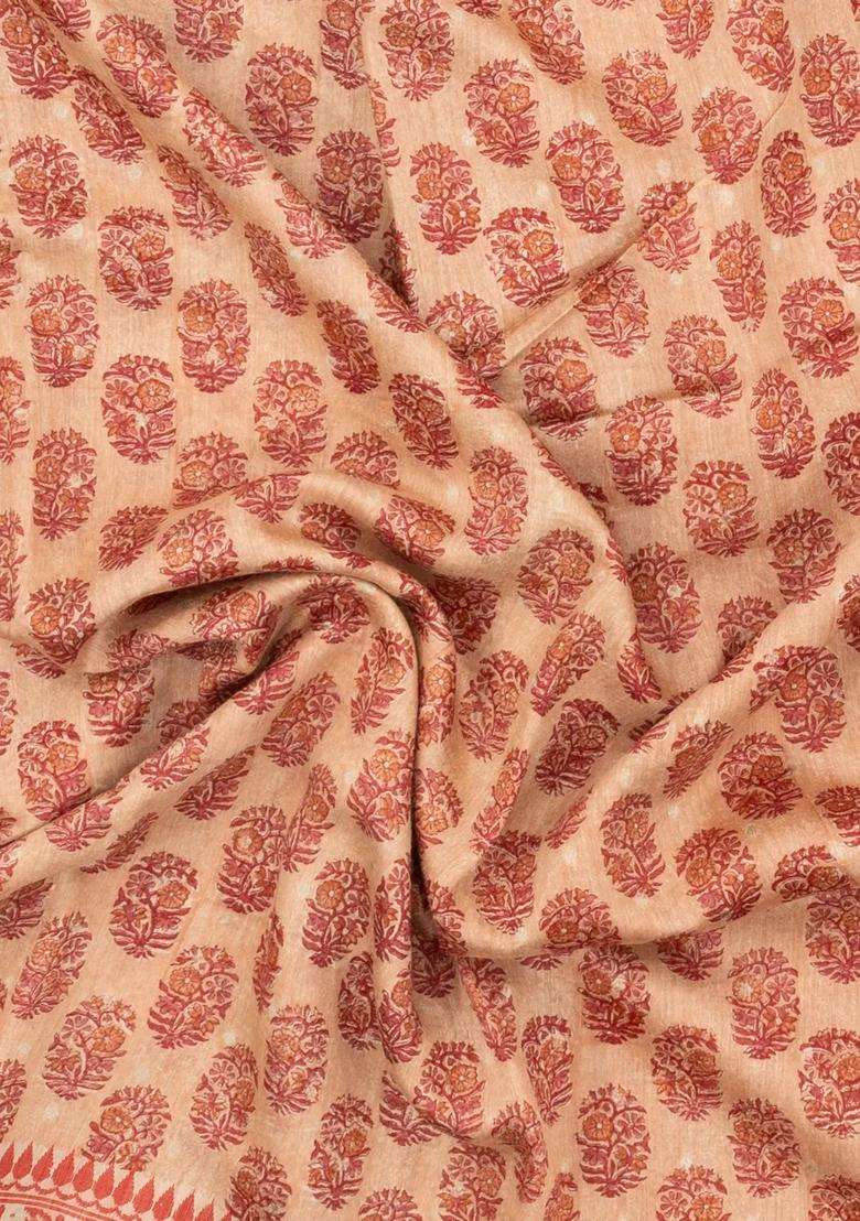 Light Peach Woven Tussar Silk Saree With Printed Floral Motifs For Women - Indya