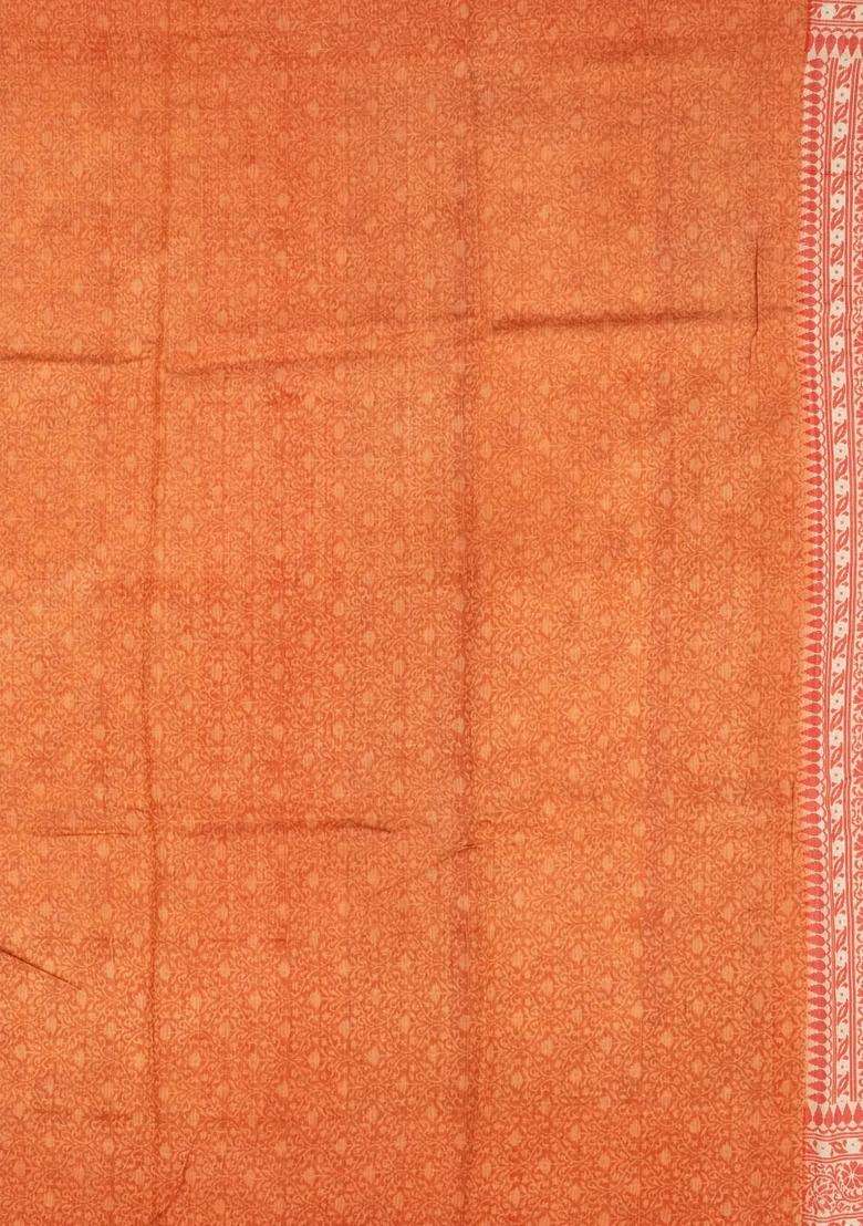 Light Peach Woven Tussar Silk Saree With Printed Floral Motifs For Women - Indya