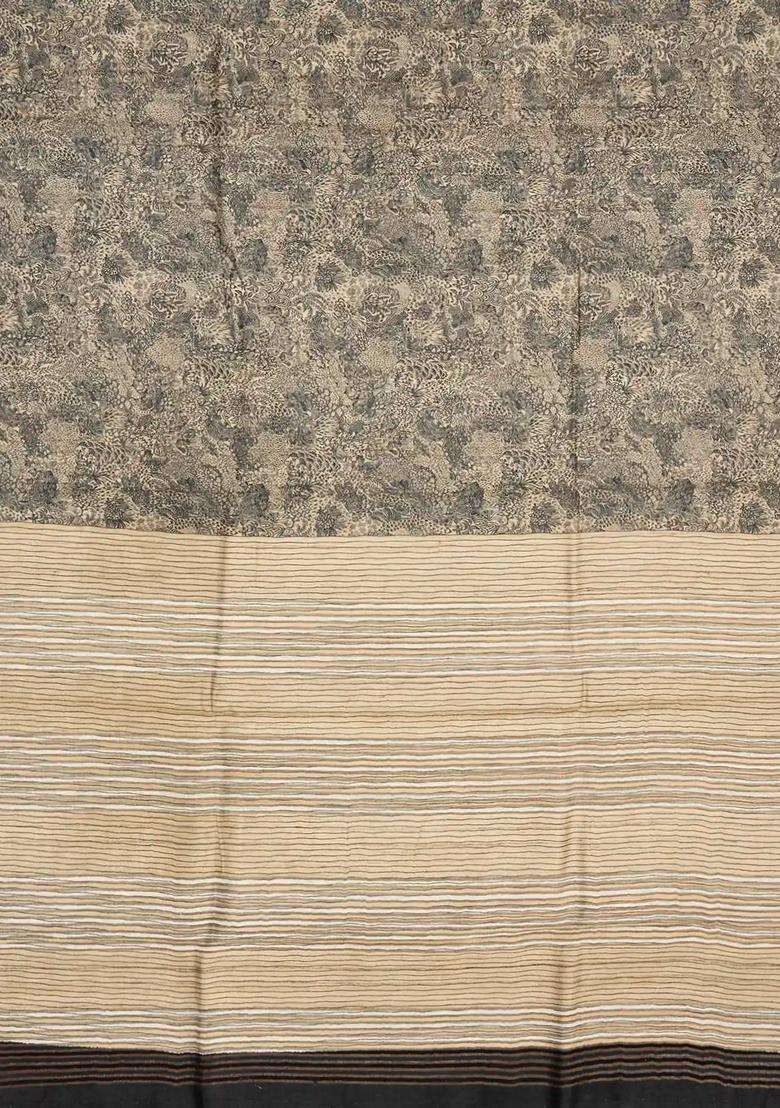 Grey Woven Tussar Silk Saree With Printed Floral Motifs For Women - Indya