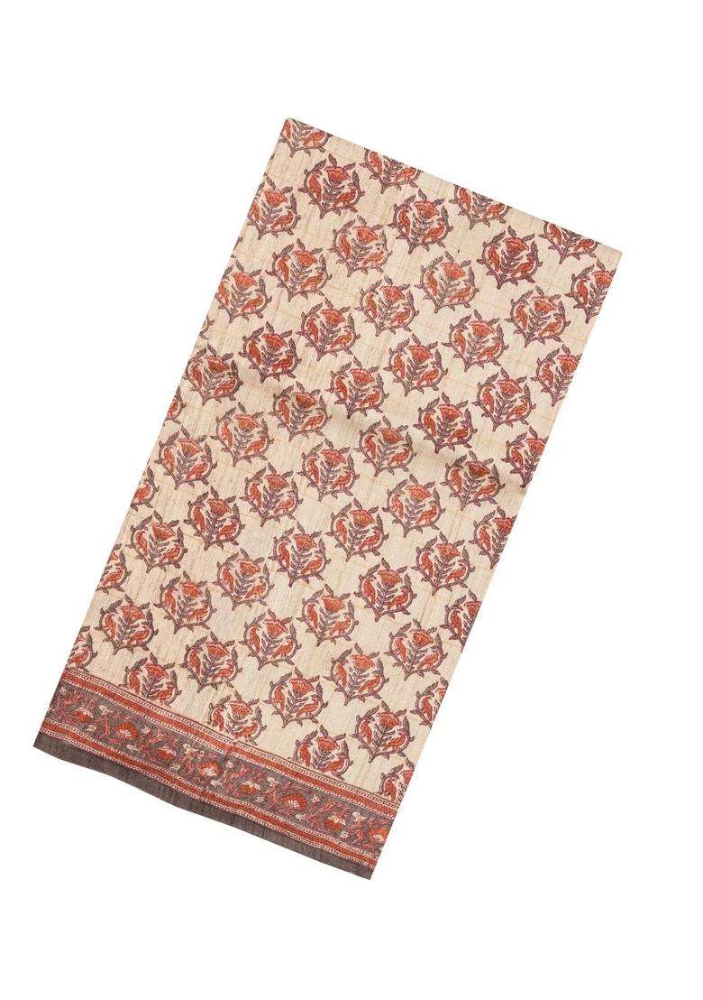 Taupe Woven Tussar Silk Saree With Printed Bird Motifs For Women - Indya