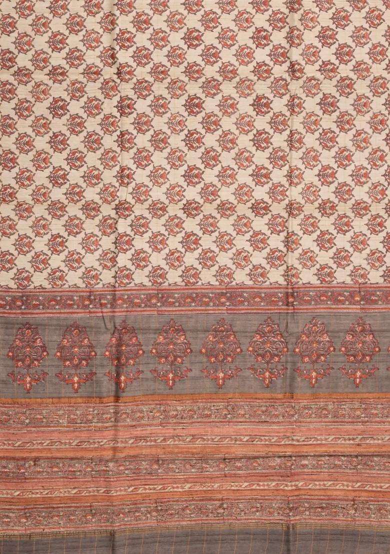 Taupe Woven Tussar Silk Saree With Printed Bird Motifs For Women - Indya