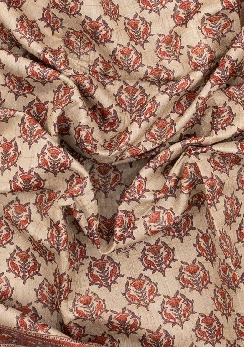 Taupe Woven Tussar Silk Saree With Printed Bird Motifs For Women - Indya