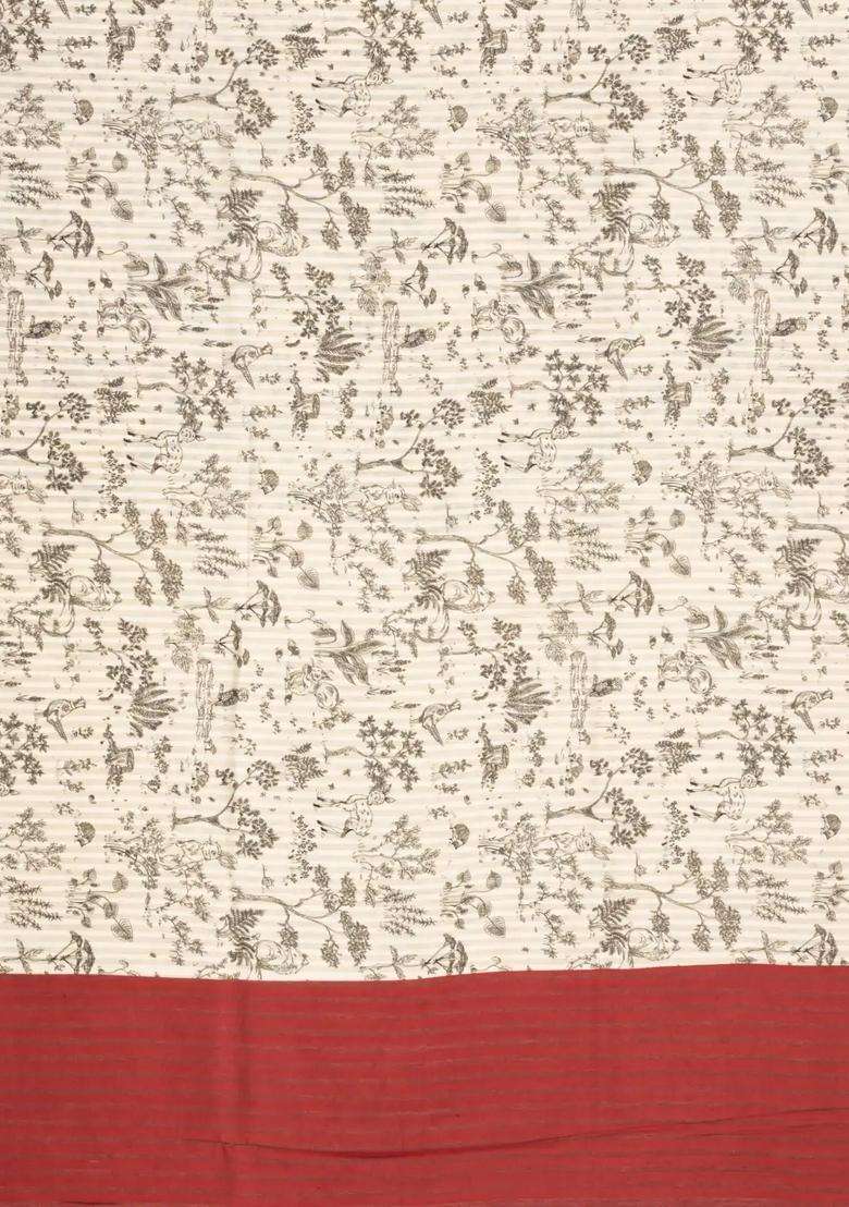 Off White Woven Tussar Silk Saree With Printed Floral Motifs For Women - Indya