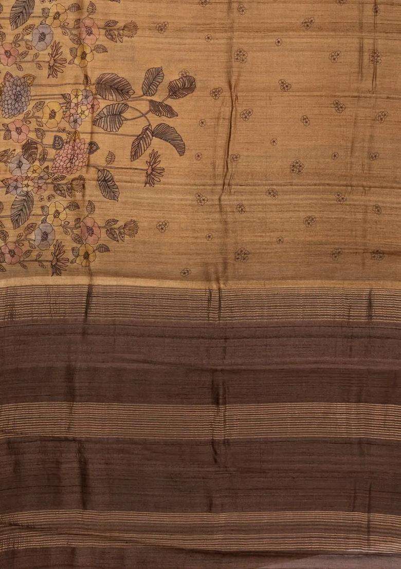 Beige Woven Tussar Silk Saree With Printed Floral Motifs For Women - Indya