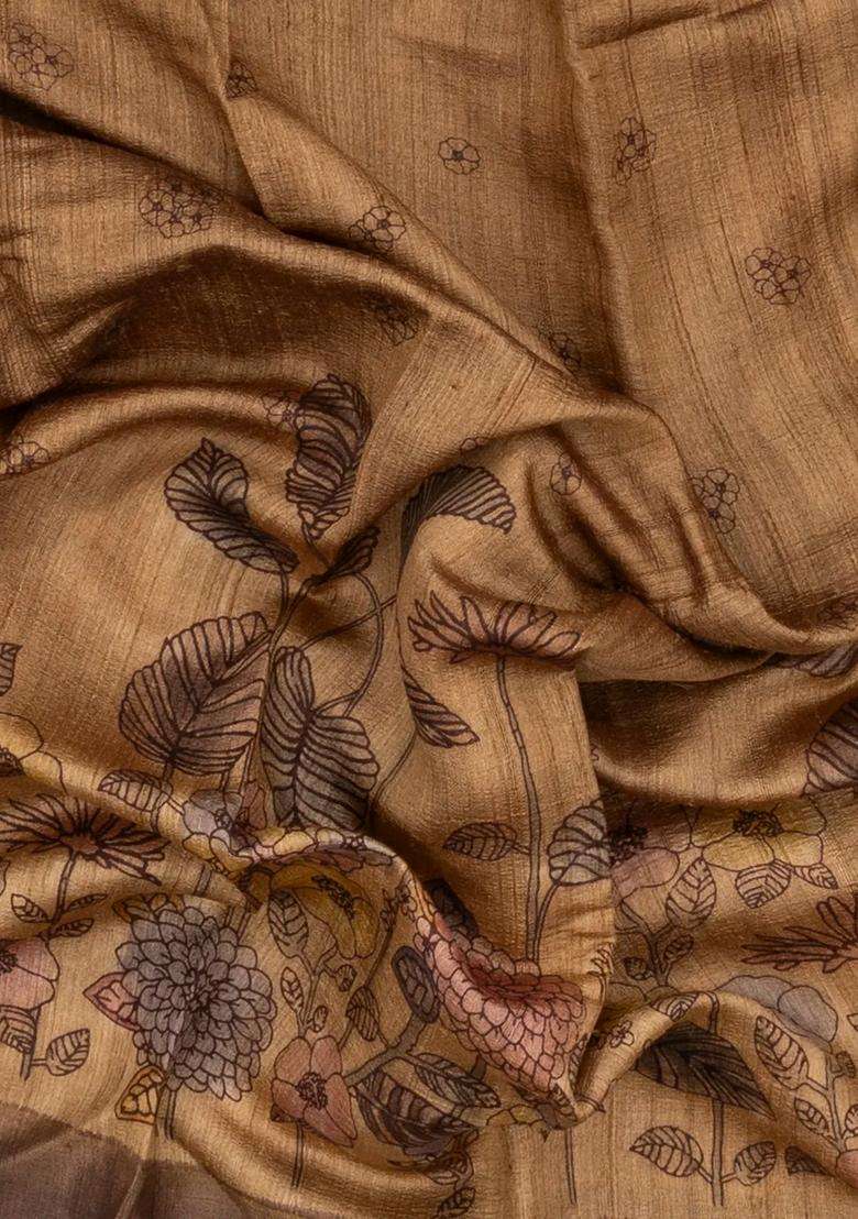 Beige Woven Tussar Silk Saree With Printed Floral Motifs For Women - Indya