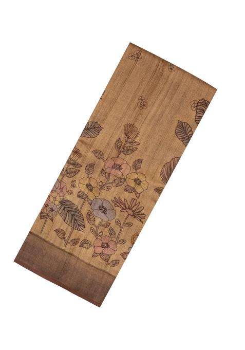 Beige Woven Tussar Silk Saree With Printed Floral Motifs For Women