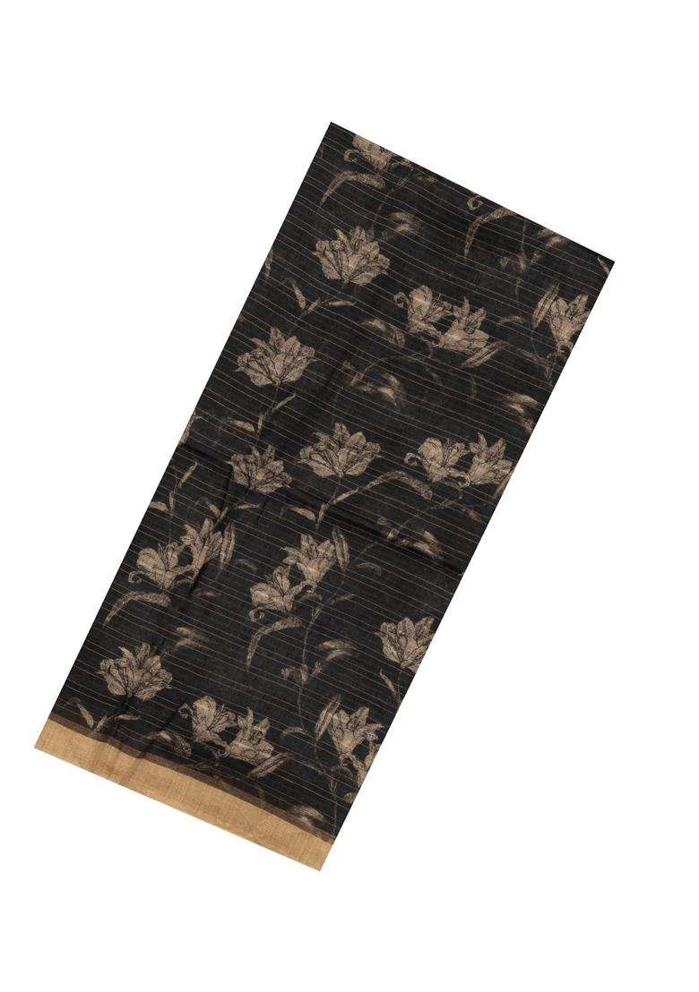 Black Woven Tussar Silk Saree With Printed Stripes Floral Motifs For Women - Indya