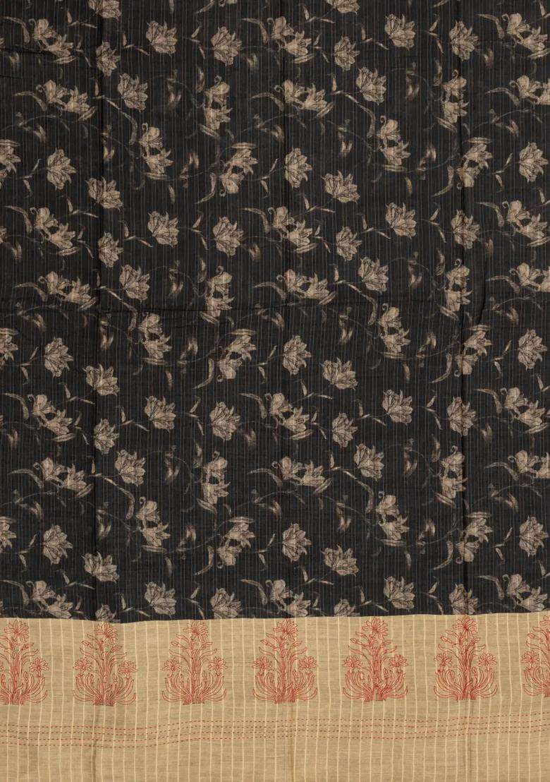 Black Woven Tussar Silk Saree With Printed Stripes Floral Motifs For Women - Indya