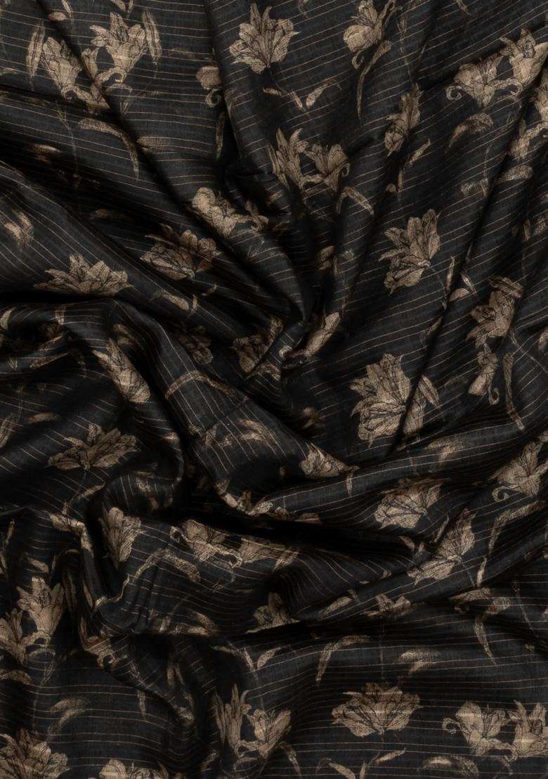 Black Woven Tussar Silk Saree With Printed Stripes Floral Motifs For Women - Indya