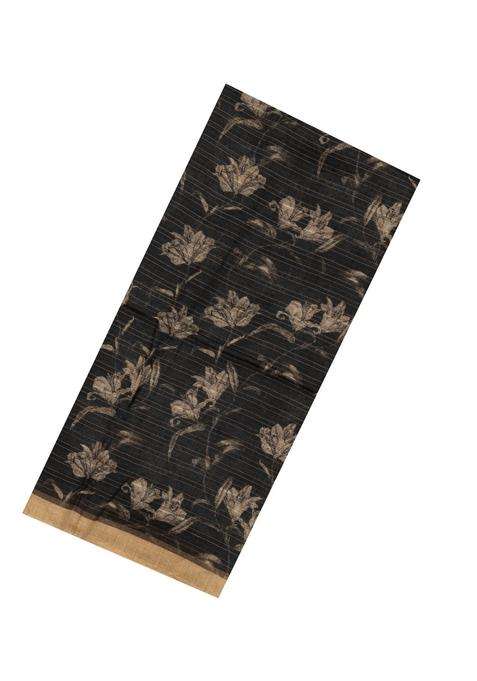 Black Woven Tussar Silk Saree With Printed Stripes Floral Motifs For Women