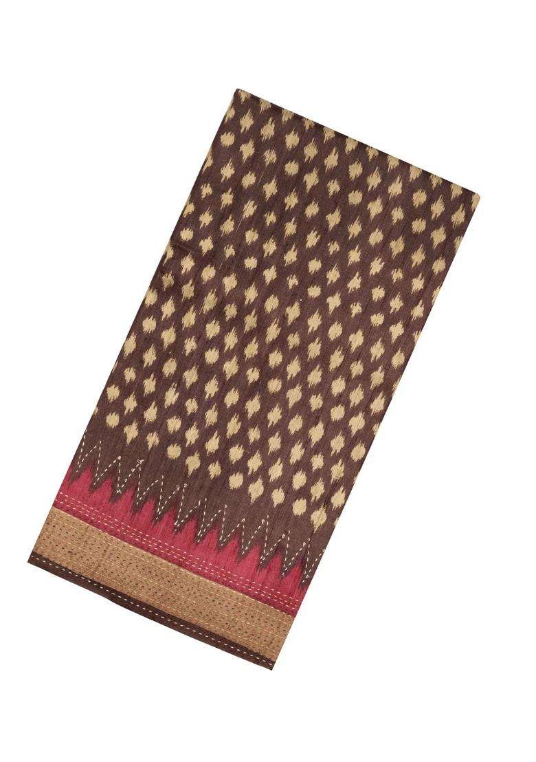 Brown Woven Tussar Silk Saree With Printed Floral Motifs For Women - Indya
