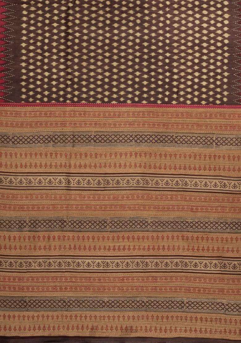 Brown Woven Tussar Silk Saree With Printed Floral Motifs For Women - Indya