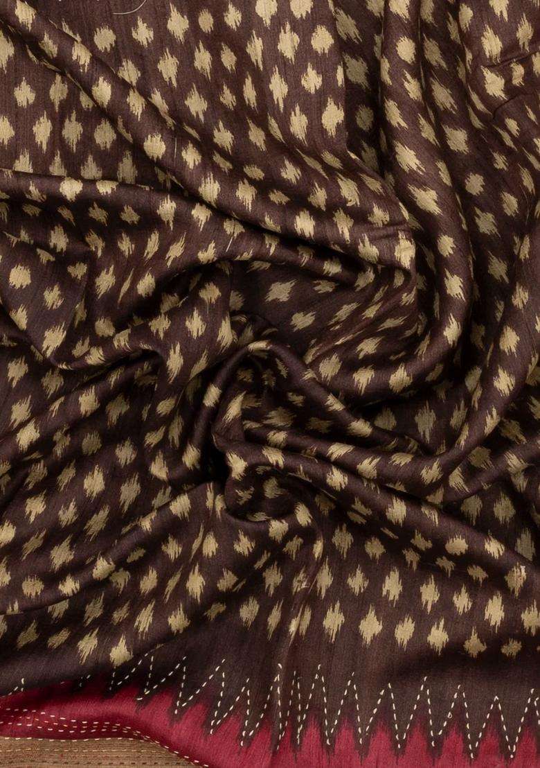 Brown Woven Tussar Silk Saree With Printed Floral Motifs For Women - Indya